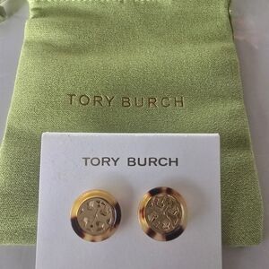 Tory Burch Gold and Tan Round Earrings